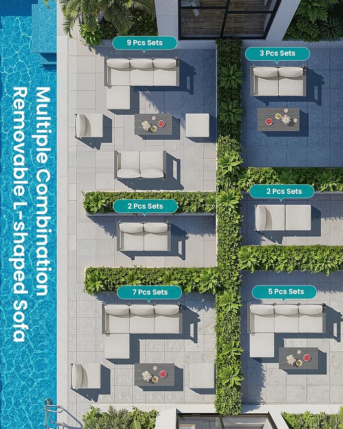 SERWALL 7-Piece Patio Sofa Set, Outdoor Furniture Set, All-Weather HDPE Outdoor Sectional Conversation Set Cushions and Coffee Table, Large Modular Sofas for Garden, Grey Frame with Khaki Cushion