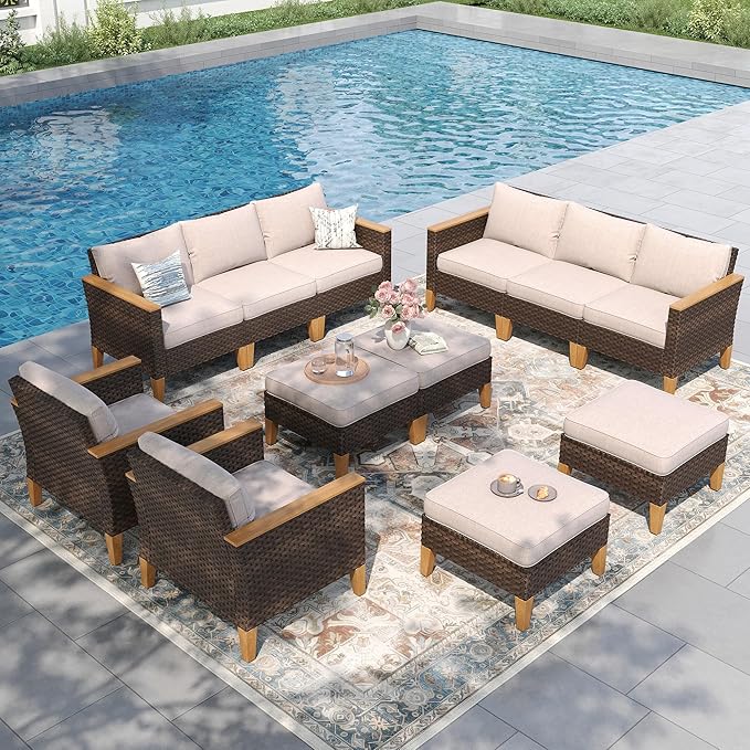 PHI VILLA 12 Seat Patio Furniture Set Outdoor Large 12 Pieces Wicker Conversation Sofa with Cushioned 2 x Single Rattan Sofa, 4 x Armrest Chair, 4 x Ottoman and 2 x Armless Chair, Beige