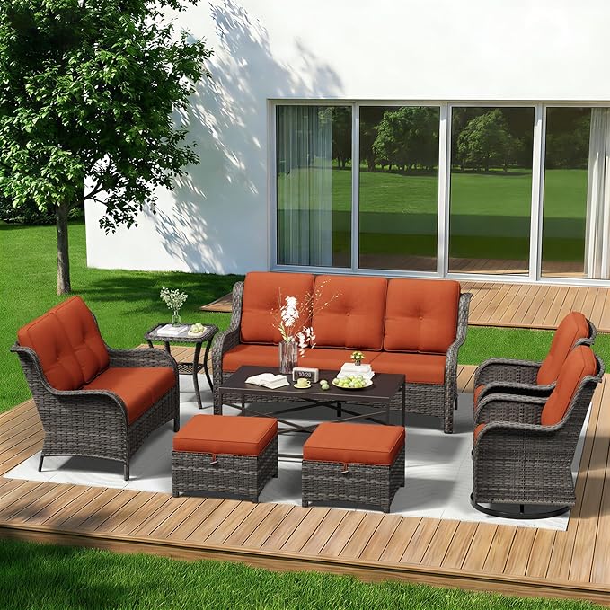 8 Piece Outdoor Wicker Patio Furniture Set, Outdoor Swivel Rocker Patio Chairs Set with Thickened Olefin Cushions, High Back and Deep Seating, Hand-Woven PE Rattan for Porch, Deck