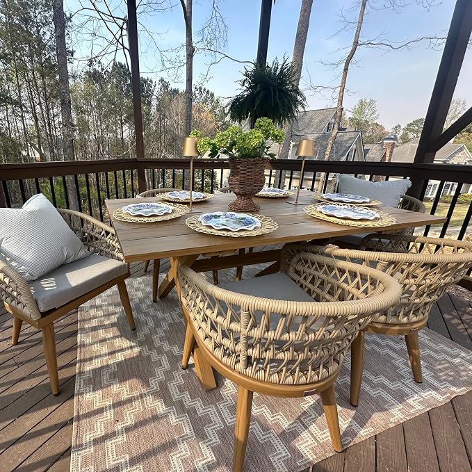 PURPLE LEAF 7 Pieces Outdoor Dining Set All-Weather PE Rattan Outdoor Patio Furniture Set with All Aluminum Frame Rectangular Table and Chairs Set for Lawn Garden Backyard Deck, Teak