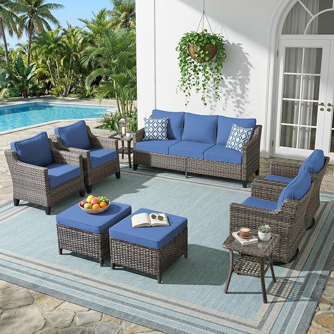 Outdoor Furniture Set of 9, Patio Furniture Set with Swivel Chairs, Sofa, Side Table and Ottomans, High Back&Deep Seat for Garden Deck Porch Balcony Backyard - Blue