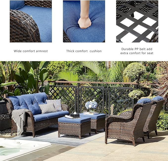 Rilyson Outdoor Couch Wicker Patio Sofa - 3 Seat Rattan Sofa with Deep Seating and Comfortable Cushions for Outside Porch Deck Balcony Garden(Brown/Blue)