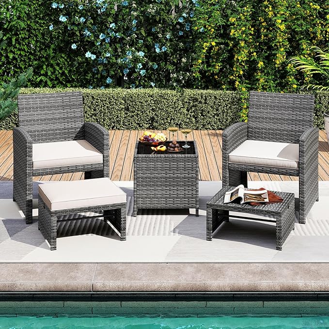 Tangkula 5 Pieces Patio Conversation Furniture Set, PE Wicker Outdoor Cushioned Chairs with 2 Ottomans, and Storage Coffee Table, for Porch, Garden and Balcony