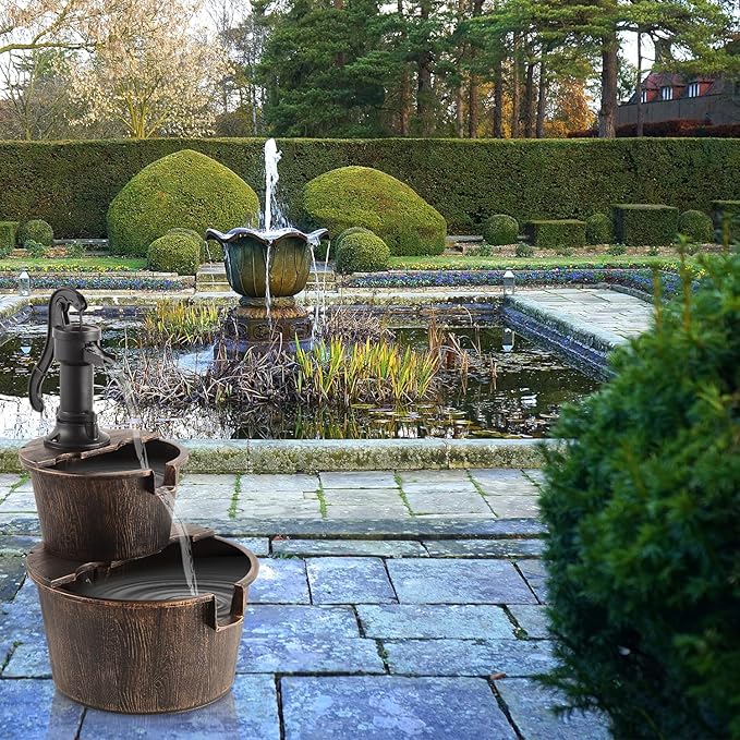 YI 27-Inch 2 Tier Water Fountains Outdoor Waterfall Barrel Fountain Pump Garden 2-Tier Barrel and Pump Waterfall Fountain, Plastic for Garden Patio Backyard Porc