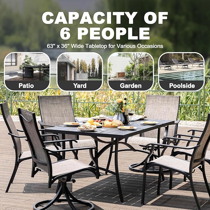 NUU GARDEN 63" x 36" Patio Table for 6 People, Outdoor Patio Dining Table with 1.60" Umbrella Hole, Aluminum Tabletop and Sturdy Frame Perfect for Lawn Backyard Garden, Black