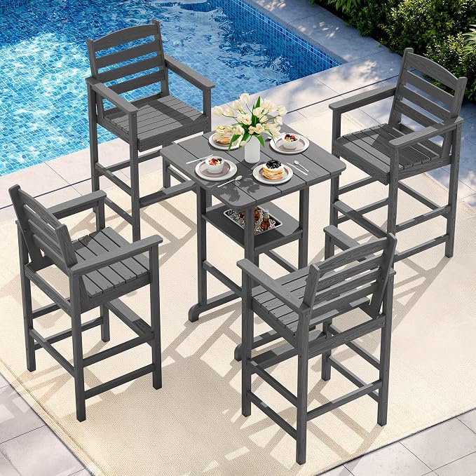 SERWALL Adirondack Bar Chairs and Table 5 Pieces Set, HDPE Bar Height Chairs Set of 2 and Bar Table with Ice Bucket, Outdoor Bar Stools Set for Balcony, Poolside, Backyard, Grey
