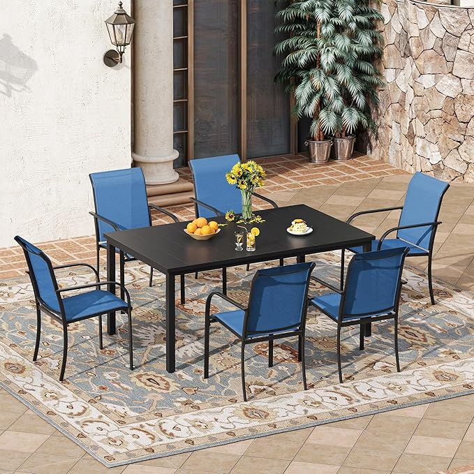 VICLLAX 7 Pieces Patio Outdoor Dining Set, 63" Rectangular Metal Dining Table with Umbrella Hole and 6 Stackable Textilene Chairs for Lawn, Garden, Porch, Black/Dark Blue