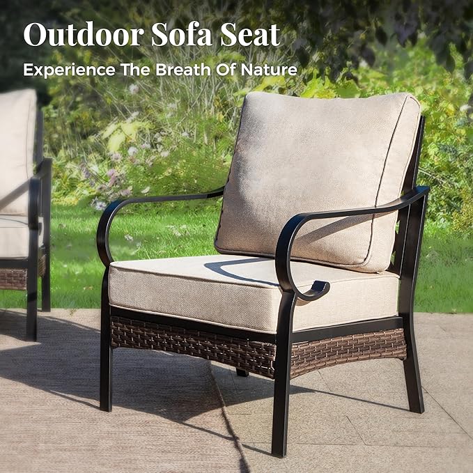 Patio Furniture Set with Fire Pit Table, 4 PCS Metal Outdoor Conversation Set with 5.75'' Extra Thick Cushion, 2 Chairs, 3-Seat Sofa and Gas Fire Pit Table, Beige