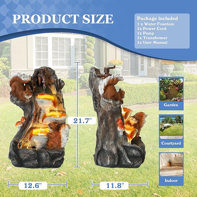 Outdoor Garden Water Fountain with Cascading Rock, 4-Tiers Fountains and Waterfalls with LED Lights,Indoor/Outdoor Morden Floor Standing Water Feature w/2 Squirrel Decor for Patio, Backyard
