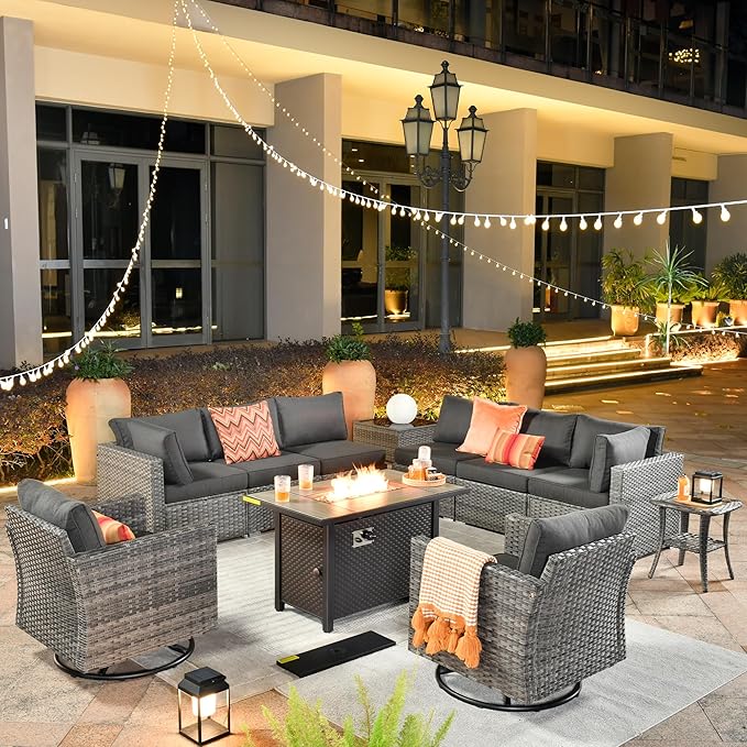ovios 11 Piece Outdoor Patio Furniture Set with Fire Pit Table,Conversation Sectional Wicker Couch with Swivel Chairs,Modern Outside Sofa for Balcony Backyard, Black