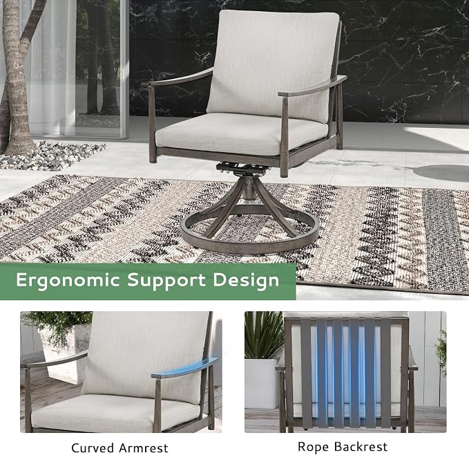 7-Piece Outdoor Dining Set for 6, Aluminum Dining Set with Cushions, 6 Swivel Chairs with Rope Backrest, Large Rectangular Table with Umbrella Hole, Patio Dining Set for Lawn Porch Yard,Grey