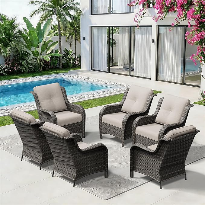 6 Piece Outdoor Wicker Patio Furniture Set, Patio Chairs Set with Thickened Olefin Cushions, High Back and Deep Seating, Hand-Woven PE Rattan for Porch, Deck