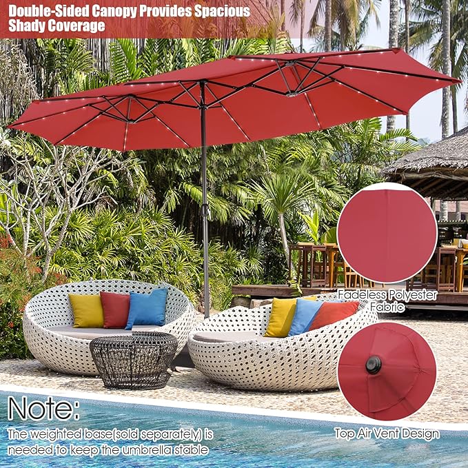 Giantex 15 FT Double Patio Umbrellas with 48 Solar LED Lights, Auto-Charging Panel, Crank System, Outdoor Extra-Large Rectangle Market Table Umbrella for Garden Deck Backyard Beach Pool