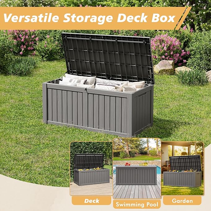 Fancyango 180 Gallon Outdoor Deck Box Waterproof, Large Storage Box for Patio, Resin Storage Bench Lockable for Garden Tools, Package Delivery, Grey
