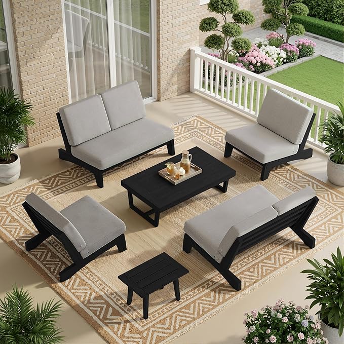 UIXE 6 Pieces All Weather Black Wood Patio Furniture Sets, 2 Patio Loveseat, 2 Patio Bistro Chair, Outdoor Sectional Sofa Furniture Backyard Conversation Set with Coffee Table - Light Camel