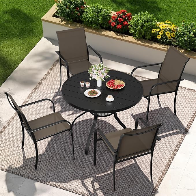 5-Piece Patio Dining Set,4 Person Outdoor Table and Chairs Set, 4 Metal Dining Chairs and Round Outdoor Table with 1.57" Umbrella Hole,Khaki