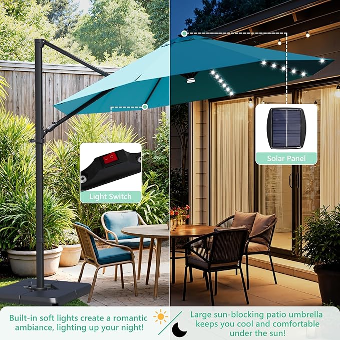 Greesum 10FT Outdoor Patio Umbrella with High Pedel and 4 Gear Heights, Large Offset Umbrella with Solar LED Lights and 360-degree Rotation, Without Base, Hanging Outdoor Shade for Garden, Light Blue