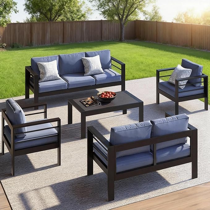 Patio Conversation Sets, Aluminum Outdoor Couch with Outdoor Coffee Table, All-Weather Metal Patio Couch with 5" Thick and Soft Cushion and Wide Arm, Outdoor Sofa Sets for Balcony, Porch, Dark Blue