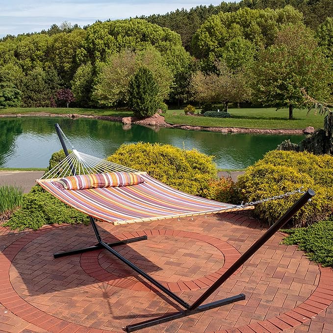Sunnydaze Quilted Double Hammock with Stand for Outside - 400-Pound Capacity 2-Person Hammock with Stand - 15-Foot Stand - Canyon Sunset