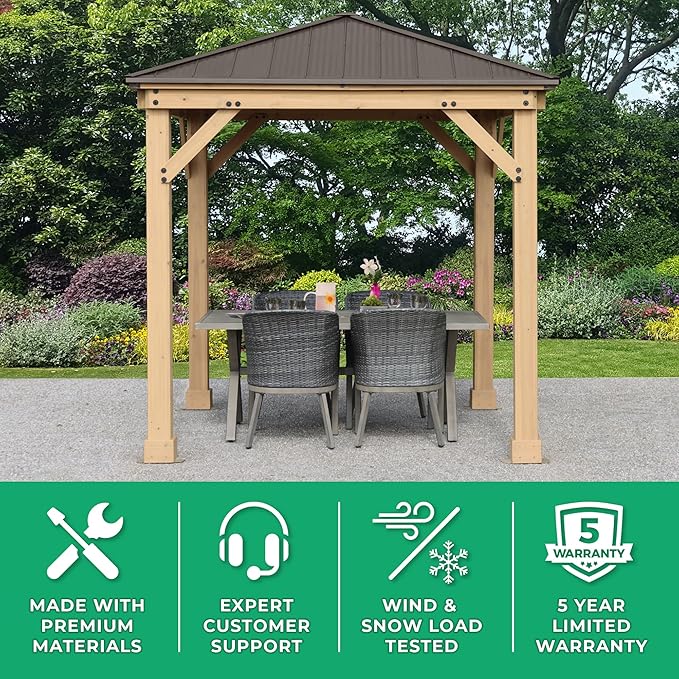 Yardistry 8 x 8 Meridian Cedar Wood Gazebo Pavilion for Patios, Decks, Garden, Backyard, Durable, Aluminum Roof