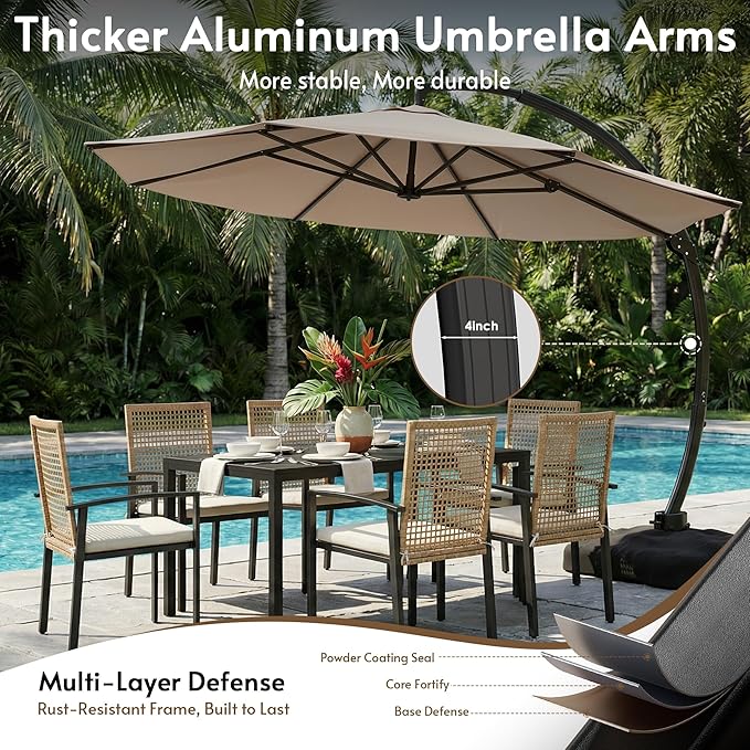11FT Cantilever Patio Umbrella with Base Included, Large Cantilever umbrella with 360°Rotation, Heavy-Duty Offset Outdoor Umbrella for Patio,Pool,Garden and Backyard (Champagne)