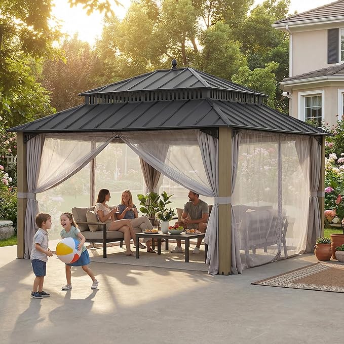 SUNJOY Kingston 14' x 12' Hardtop Wood Gazebo with Galvanized Steel Double Roof, Curtain and Netting, Cedar Posts Permanent Pavilion Gazebo for Garden, Patio, Deck, Lawn
