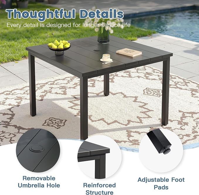 DIFY 5 Piece Outdoor Dining Set for 4, 40.2" Black Square Metal Dining Table with Umbrella Hole and Stackable Wicker Patio Chairs, All-Weather Patio Table and Chairs Set for Deck Garden Backyard
