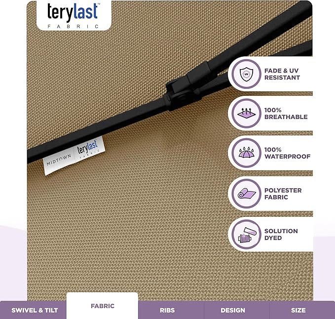 The Swilt 8 Feet Outdoor Umbrella With Terylast Chestnut (Beige) Polyester Fabric - Fiberglass Ribs, Auto-Tilt And Swivel Aluminum Frame Patio Umbrella For Deck, Garden, Pool - Black Pole
