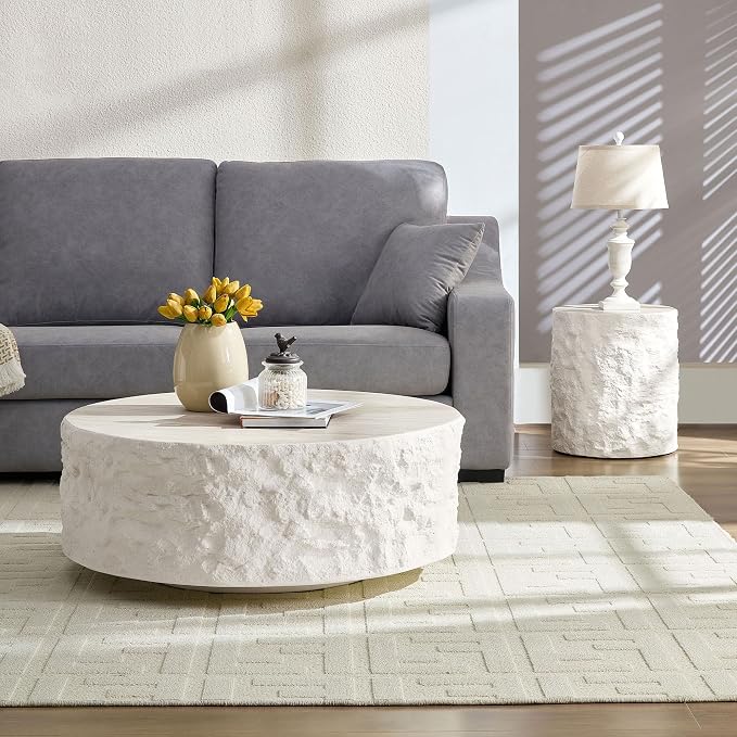 Round Side Table Faux Stone End Table for Living Room Modern Small Coffee Table for Small Space Apartment, No Assembly (Fiberglass-Travertine, 15.75'' x 17.72'')