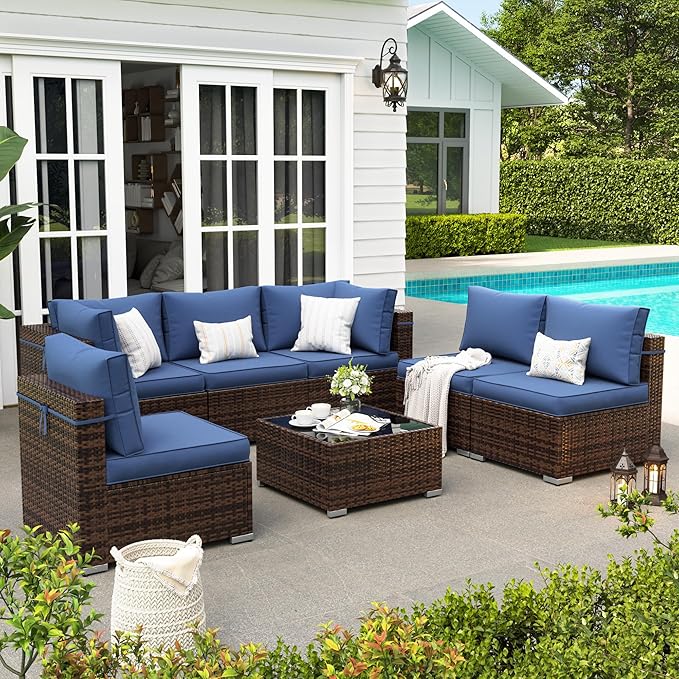 Patio Furniture Set, 7 Piece Outdoor Sectional with Waterproof Cover, All-Weather Wicker Patio Conversation Sets for Backyard (Brown with Navy Cushion)