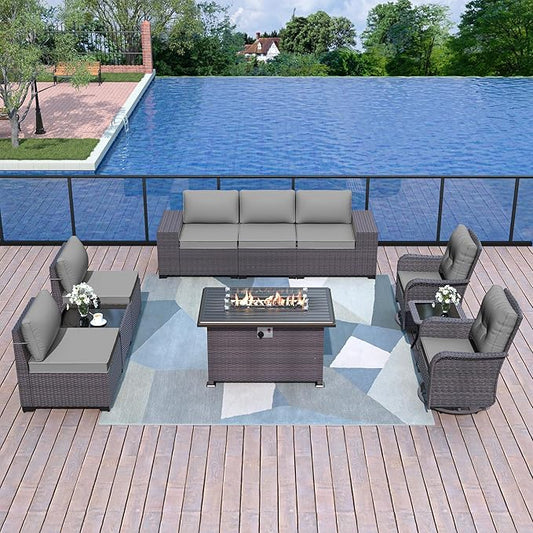 Patio Sofa Set 10-Pieces PE Rattan Swivel Rocking Chairs Outdoor Furniture Set w/43in Gas Fire Pit Table, Grey