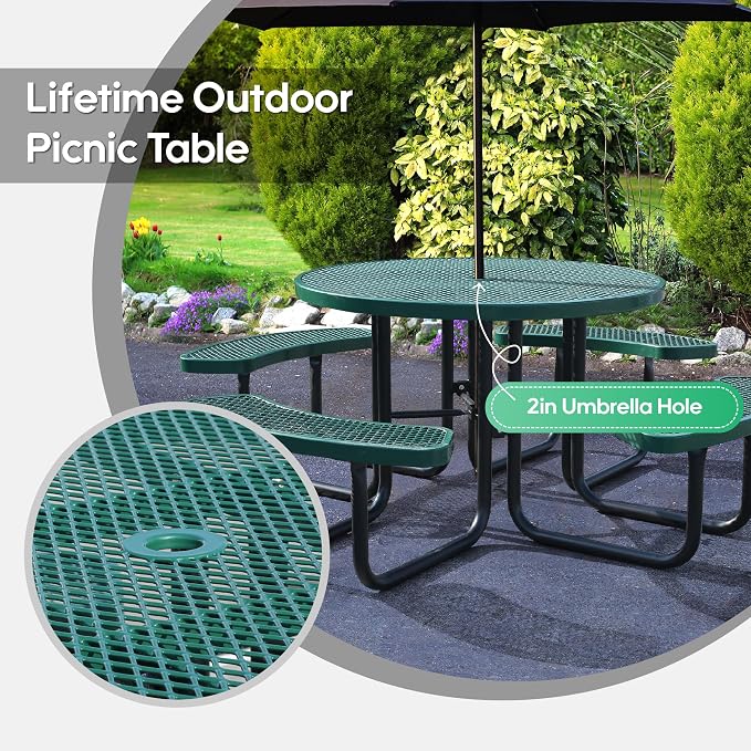 46" Round Picnic Tables for Outdoors,Commercial Metal Picnic Table Bench Set W/ Umbrella Hole,Restaurant School Canteen Tables W/Seats - Heavy Duty Sturdy Picnic Tables for Patio Garden Coffee Shop