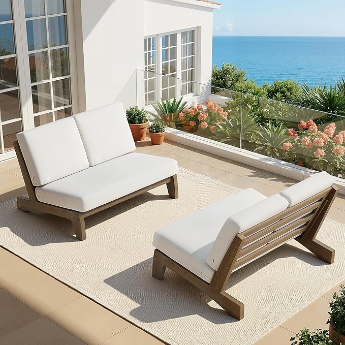 UIXE All Weather Wood Patio Furniture Sets, 3 Pieces Patio Loveseat Sofa Outdoor Sectional Futniture Backyard Conversation Set with Solid Wooden Coffee Table - Beige