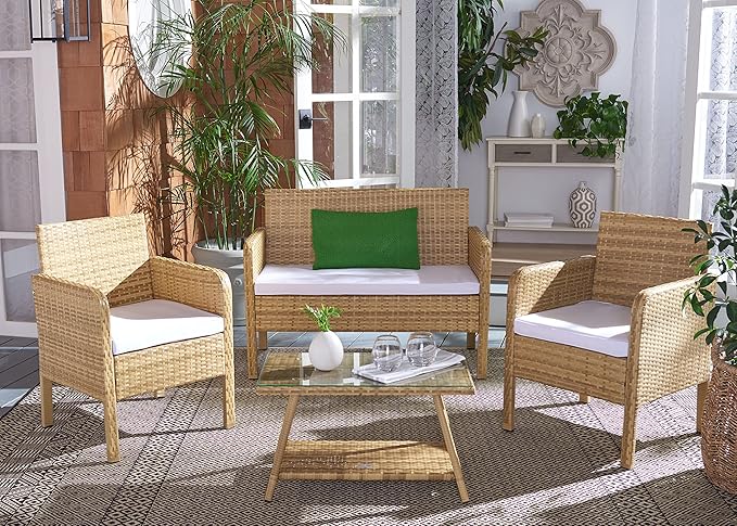 SAFAVIEH Outdoor Collection Aboka Natural/White Cushion 4-Piece Conversation Patio Set PAT7505D