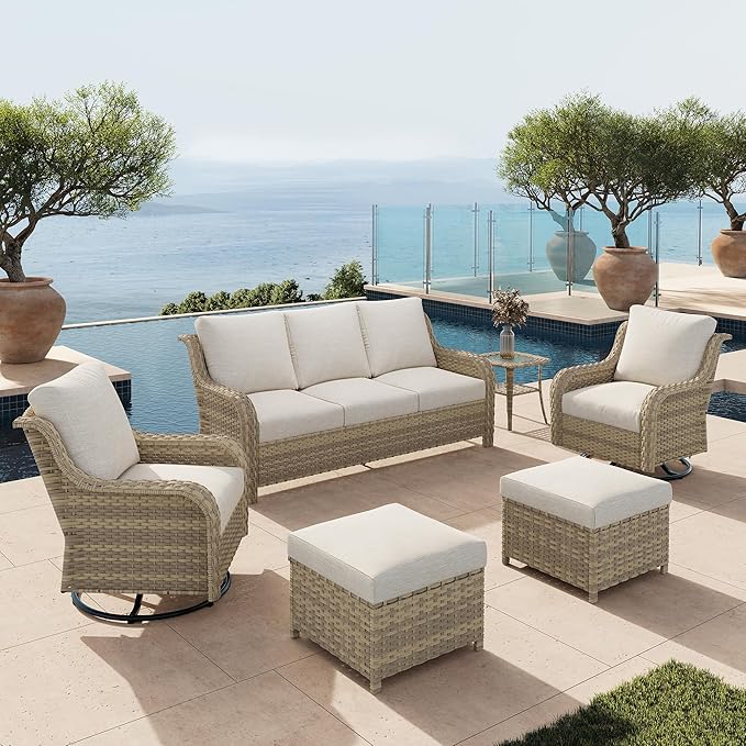 6 Piece Patio Furniture Set with Swivel Chairs, Side Table & Ottomans, Outdoor Patio Conversation Set with Comfortable Cushions for Backyard, Deck, Porch, Poolside - Beige Wicker with Cushions