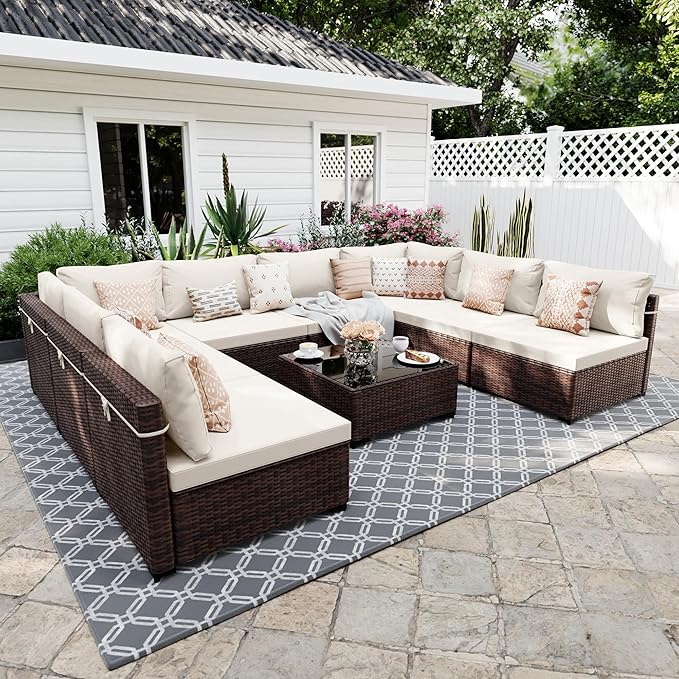 UPHA 9 Pieces Patio Furniture Sets, Wicker Outdoor Sectional Sofa Couch with Coffee Table, Patio Conversation Set for Deck Backyard Garden, Brown Rattan, White Cushion