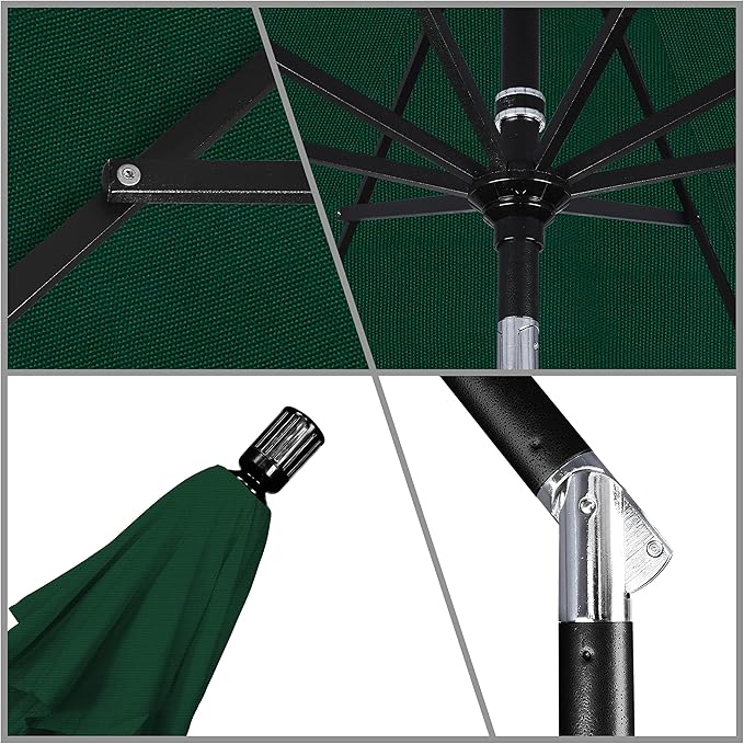 California Umbrella 9' Round Aluminum Market Umbrella, Crank Lift, Collar Tilt, Black Pole, Hunter Green Olefin
