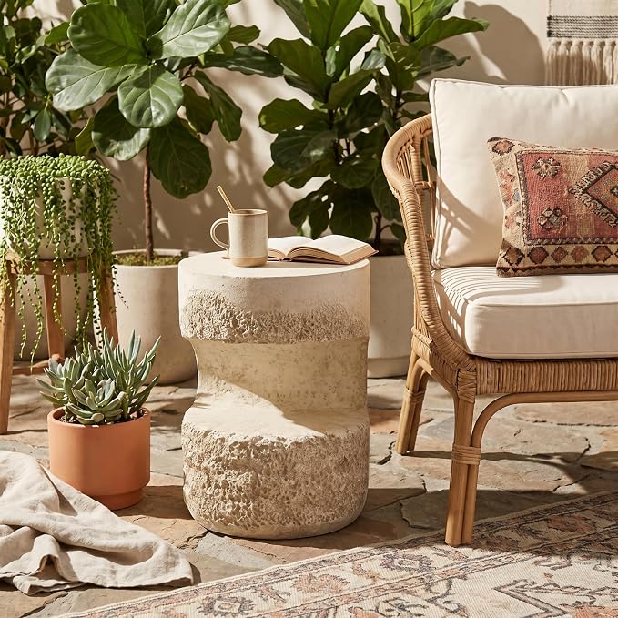 Outdoor Side Table, Modern Organic MGO Accent End Table for Patio, Living Room, Beige Tone Travertine-Look Textured