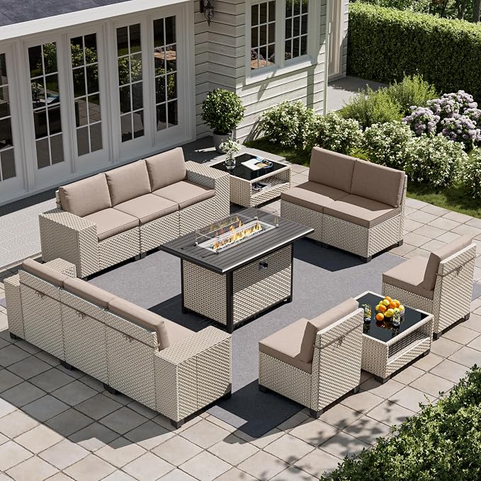 13-Piece Outdoor Patio Furniture Set with Fire Pit, Modular Sectional Sofa Set with Glass Coffee Table and Cushions, Wicker Outdoor Couch Conversation Sets, Khaki