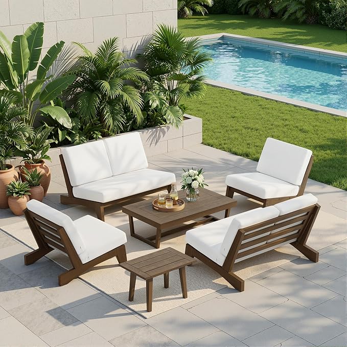 UIXE 6 Pieces All Weather Wood Patio Furniture Sets, 2 Patio Loveseat, 2 Patio Bistro Chair, Outdoor Sectional Sofa Furniture Backyard Conversation Set with Coffee Table - Beige