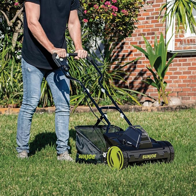 Sun Joe Cordless Electric Push Lawn Mower with 11.9-Gal Bag, 15-Inch Cutting Width, 360W Motor - Heavy-Duty Yard Trimmer for Gardening Care and Maintenance, IONMAX 24V-CRLM15