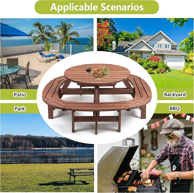Thanaddo 12-Person Outdoor Circular Wooden Picnic Table, Camping Dining Table with Built-in Benches, Outside Table Set with Umbrella Hole for Garden Patio Backyard,Brown