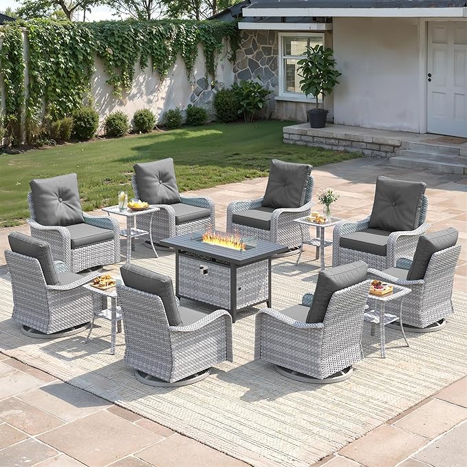 13-Piece Outdoor Conversation Set with 43" Fire Pit Table, 8 Swivel Rocking Chairs (4" Cushions) & 4 Side Tables, All-Weather PE Rattan & Steel Frame for Porch, Deck, Backyard, Black