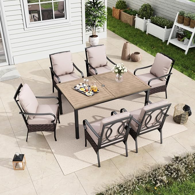MFSTUDIO Outdoor Patio Dining Set for 6, Outdoor Table and Chairs for 6, Patio Rectangular Metal Table with Chairs, 7 Pieces Outdoor Dining Furniture Set, Woodlike Tabletop, 1.6-2'' Umbrella Hole
