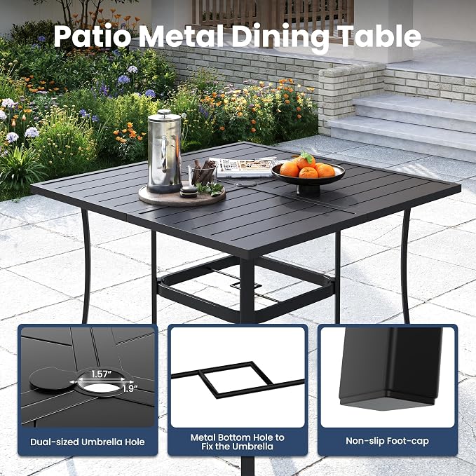 Amopatio 5 Pieces Outdoor Dining Set for 4, Patio Table and Chairs, 4 All Weather Stackable Patio Chairs, 36" Patio Spliced Square Table with Umbrella Hole, for Deck, Backyard, Garden,Brown