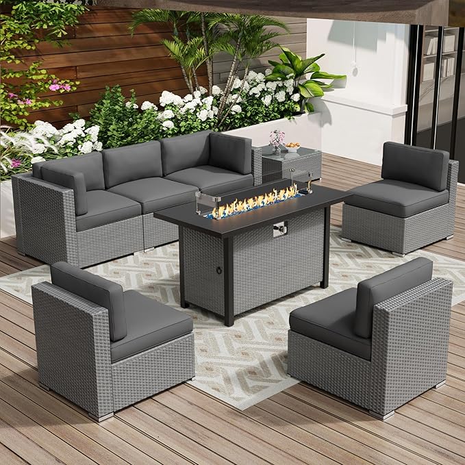 Oakcloud 8-Piece Outdoor Patio Furniture Sofa Set with 45” Propane Gas Fire Pit Table, Grey Rattan Wicker Sectional Conversation Sets with Glass Top Tables and Cushions(Grey, w/Fire Pit Table)