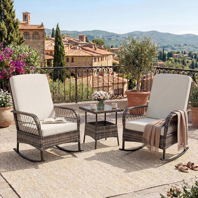 GarveeLife 3 Piece Outdoor Wicker Rocking Chair Set, Hollow Rattan Rocker Chairs with Side Table, Brown Gradient Wicker with Beige Cushions for Patio, Balcony, Garden