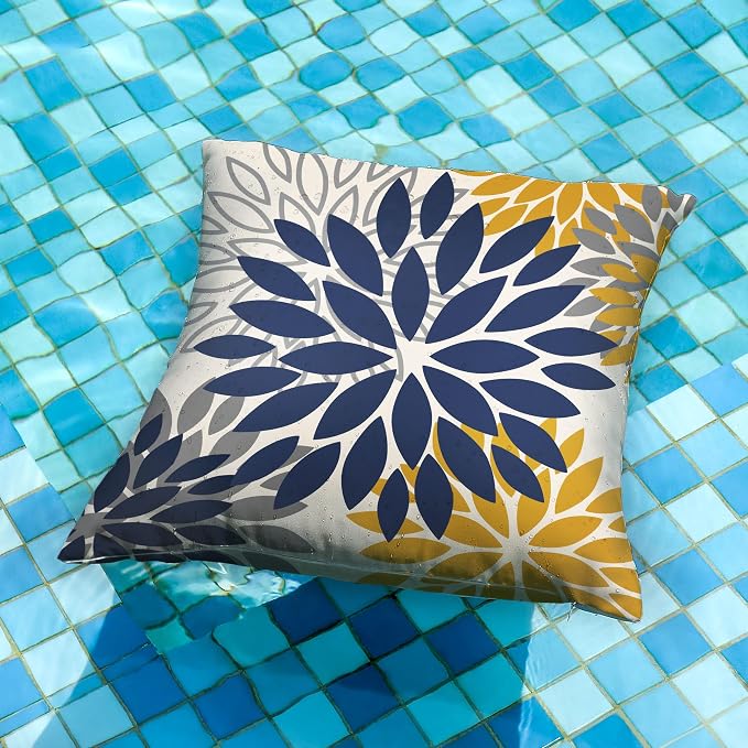 DFXSZ Outdoor Waterproof Pillow Covers 18x18 Set of 2 Blue Yellow Flower | Spring Summer Waterproof Flower Throw Pillowcases（No Inserts）Outdoor Decor for Patio Funiture Garden Polyester Covers
