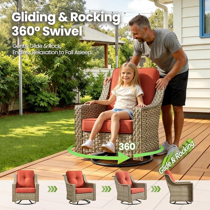 6 Piece Patio Furniture Set with Swivel Rocker Chairs, Outdoor Wicker High Back Sofa Glider Chair Ottoman with Cushion, All Weather Conversation Sets for Backyard Poolside Deck Bold Orange