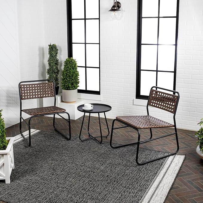 JONATHAN Y LVG1100B-3SET Freja 3-Piece Mid-Century Modern Faux Rattan Conversation Outdoor Patio Set Scandinavian, Classic, Transitional, Bohemian, Traditional, Black/Brown